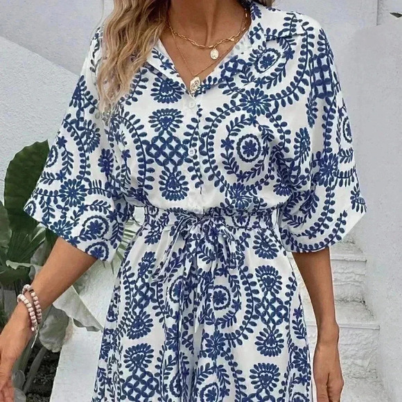Blue Boho Women's Summer Beach Floral Printed Shirt Jumpsuit Shorts - Picture 3 of 5